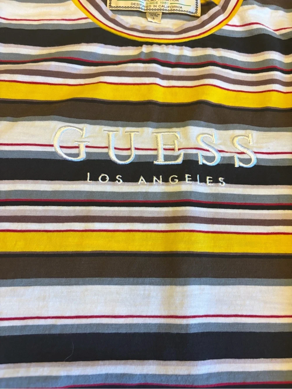 Guess Originals Striped T Shirt Mens L Colorful Embroidered USA Jeans Retro 90s - Picture 3 of 6
